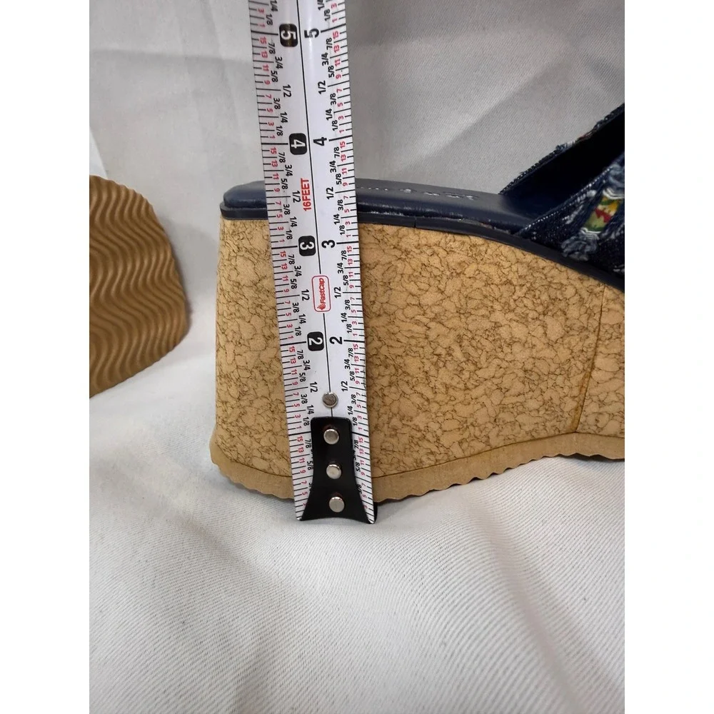 On‎ Your Feet Denim Embroidered Cork Platform Wedge Slide Sandals 7.5M